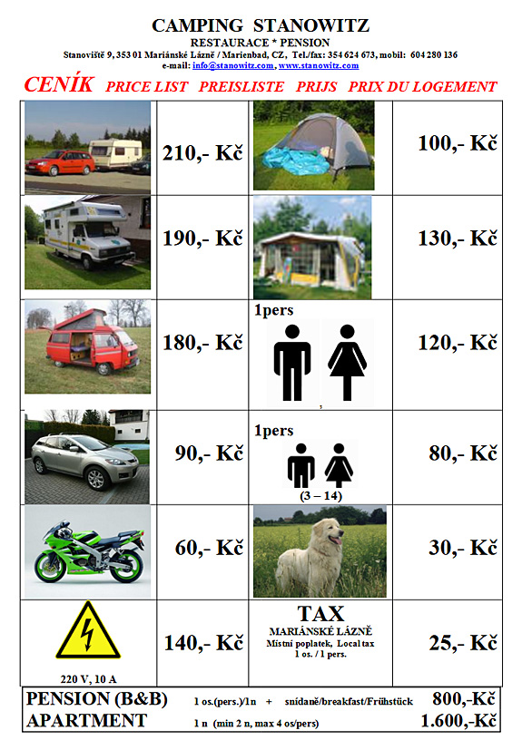 Ceník - Stanowitz | Stanoviště - camping, pension
